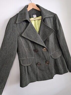 Vex Wool Pea coat Large Pinstripe Suit Jacket Green Grey Blazer Button Formal